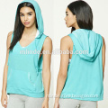 Pretty Girl Clothing Fashion Sexy Blue Solid Color Soft Fleece Terry Knit Fabric Summer V Neck Sleeveless Juniors Hooded Top
